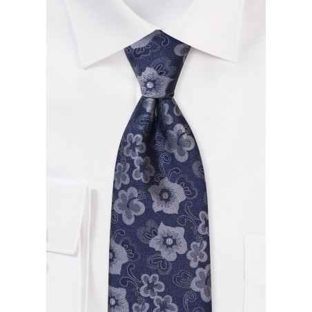 Floral Tie in Silver and Classic Navy
