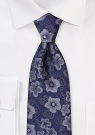 Floral Tie in Silver and Classic Navy
