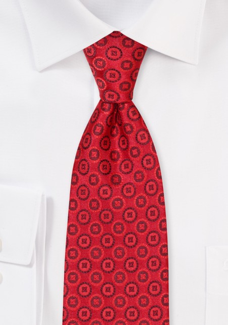 Extra Long Mens Necktie in Crimson Red with Embroidered Medallions