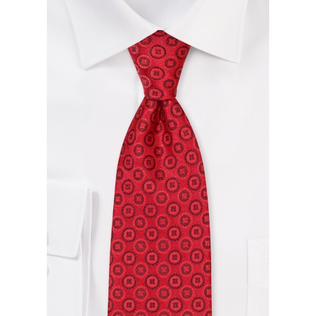Extra Long Mens Necktie in Crimson Red with Embroidered Medallions
