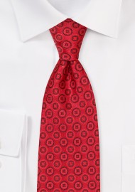 Extra Long Mens Necktie in Crimson Red with Embroidered Medallions