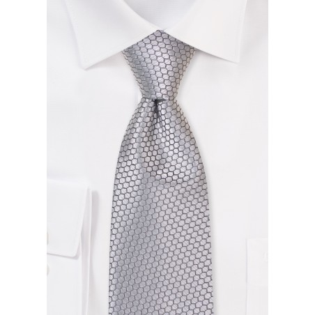 Platinum Silver Hex Checkered Tie in XL Length