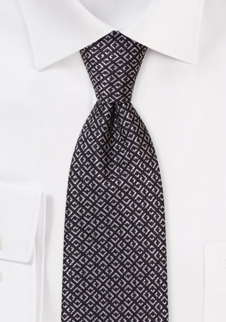 Black and Silver Gray Geometric Checkered Mens Tie