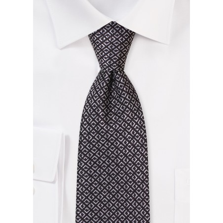 Black and Silver Gray Geometric Checkered Mens Tie
