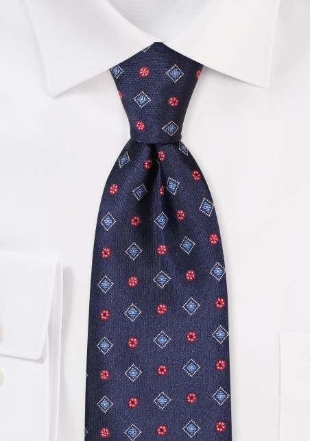 Navy Blue XL Length Tie with Crimson Red Woven Design