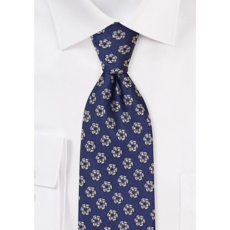 Navy XL Length Tie with Embroidered Roses in Silver