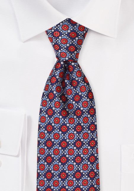 Red with Blue Floral Checkered Necktie