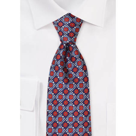 Red and Blue Floral Checkered Tie in Extra Long Length