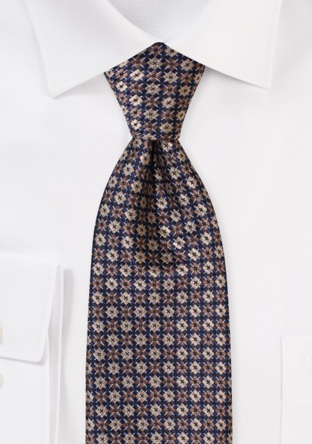 Argyle Check Tie in Navy, Tan, Brown in XL