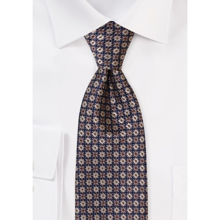 Argyle Check Tie in Navy, Tan, Brown in XL