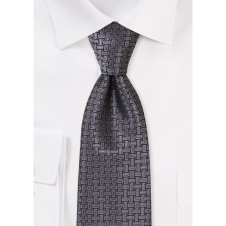 Oval Design Mens Tie in Charcoal and Longer XL Length