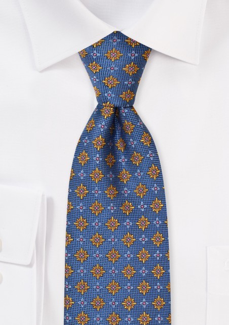 Blue XL Tie with Amber Orange Foulard Pattern