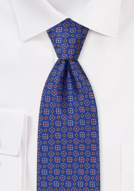 Floral Necktie in Blue, Red, Amber in XL Length