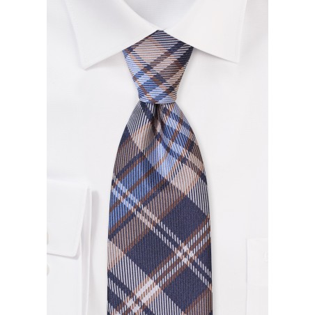 Navy Blue and Coffee Brown XL Length Tie with Tartan Plaid