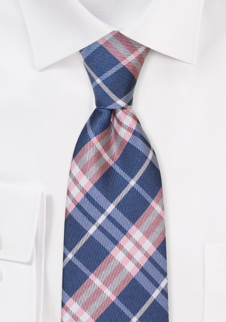 Tartan Check XL Necktie in Pink, Navy, and White