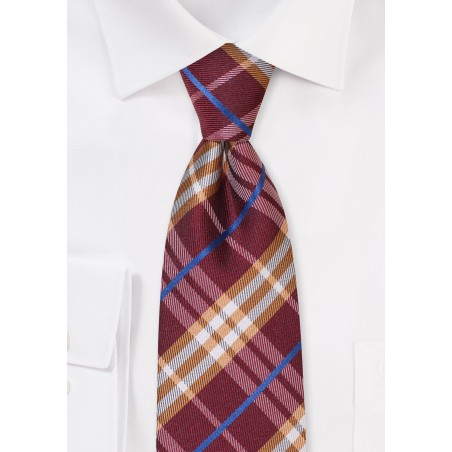 Tartan Check Necktie in Maroon Red and Amber Orange