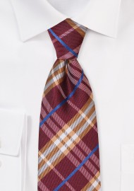 Maroon and Orange Tartan Plaid Tie in XL Length