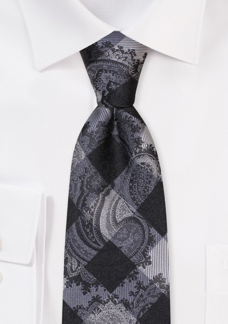 XL Tie in navy and Silver Gingham Paisley Design