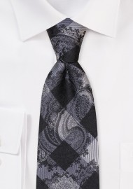 XL Tie in navy and Silver Gingham Paisley Design