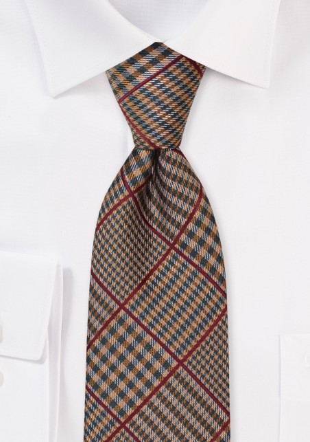 Brown and Olive Green XL Tie with Prince of Wales Checks
