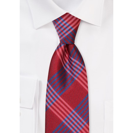 Extra Long Plaid Tie in Deep Red and Royal Blue in XL