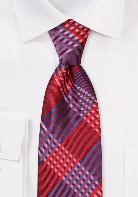 Cherry Red Plaid Necktie in Woven Fabric