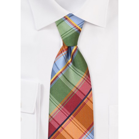 Madras Necktie in Lime, Orange, Aqua in Extra Length