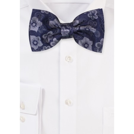 Navy and Silver Floral Bow Tie