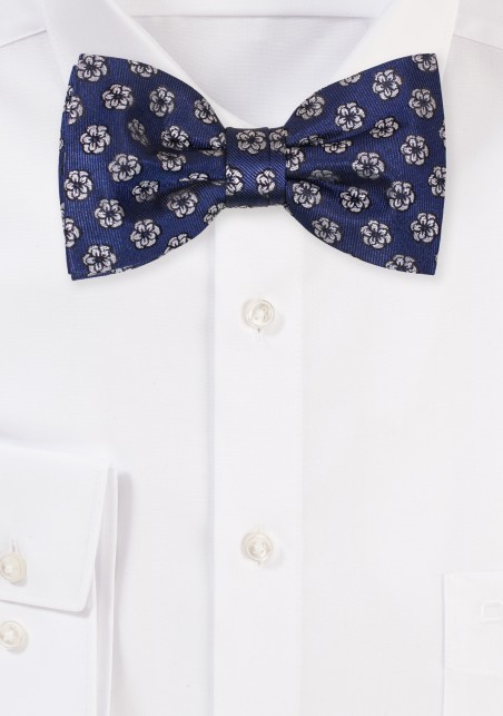 Navy Bow Tie with Embroidered Roses in Silver