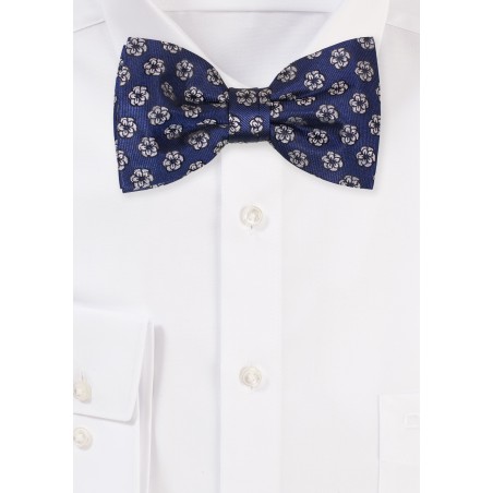 Navy Bow Tie with Embroidered Roses in Silver