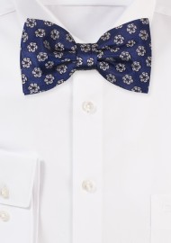 Navy Bow Tie with Embroidered Roses in Silver