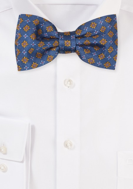 Blue Bow Tie with Amber Golden Flower Design
