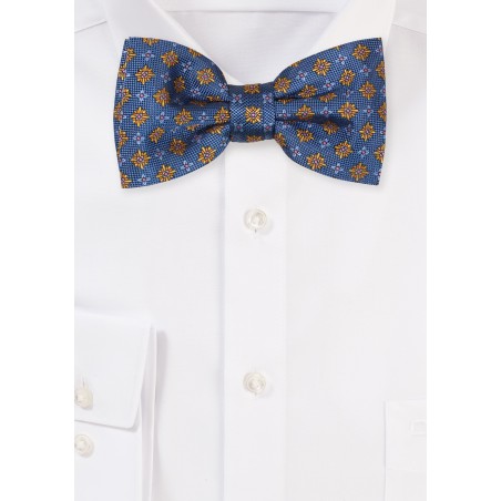 Blue Bow Tie with Amber Golden Flower Design