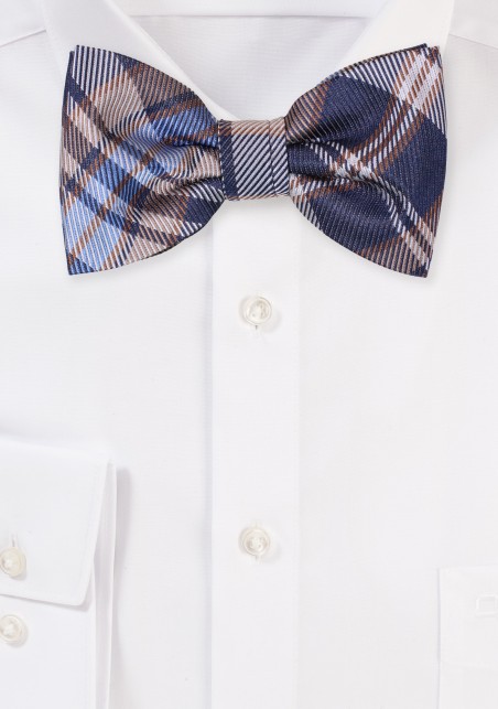 Navy Bow Tie with Coffee Brown Tartan Check