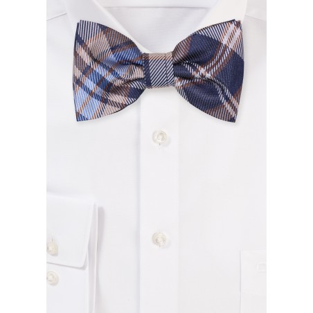Navy Bow Tie with Coffee Brown Tartan Check