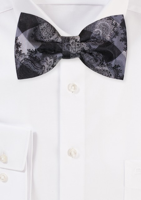 Gingham Check and Paisley Bow Tie in Black, Gray, Silver