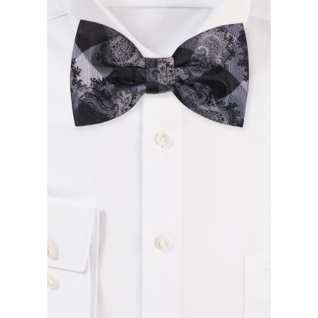 Gingham Check and Paisley Bow Tie in Black, Gray, Silver