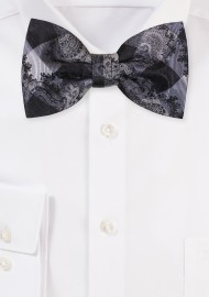 Gingham Check and Paisley Bow Tie in Black, Gray, Silver
