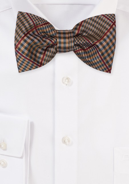 Prince of Wales Checkered Bowtie in Brown, Olive, Burgundy