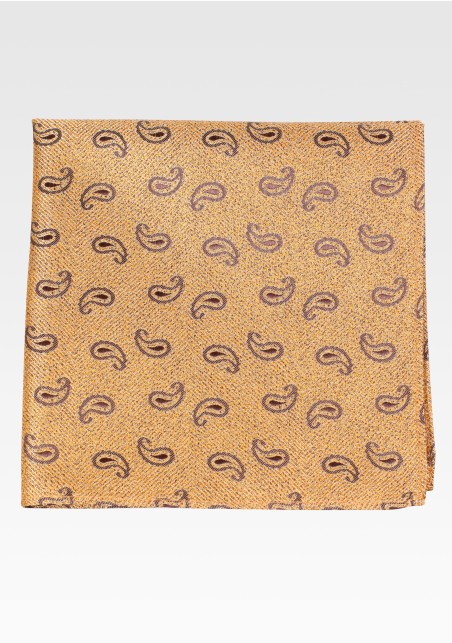 Vintage Golden Pocket Square with Embroidered Paisley