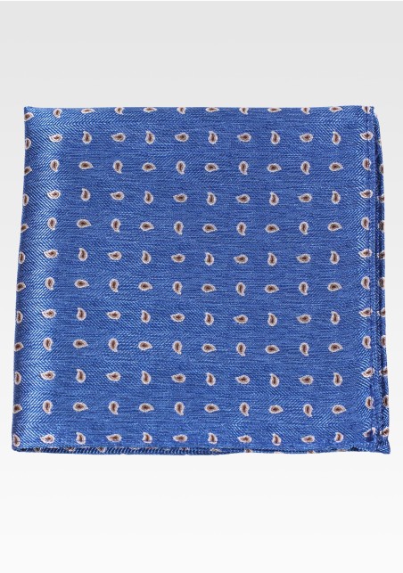 Denim Blue Pocket Square with Detailed Bronze Paisley