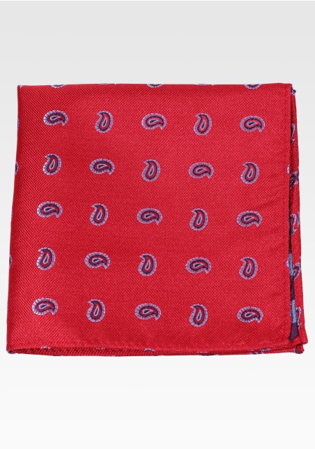 Matte Woven Suit Hanky in Cherry Red with Blue Paisley
