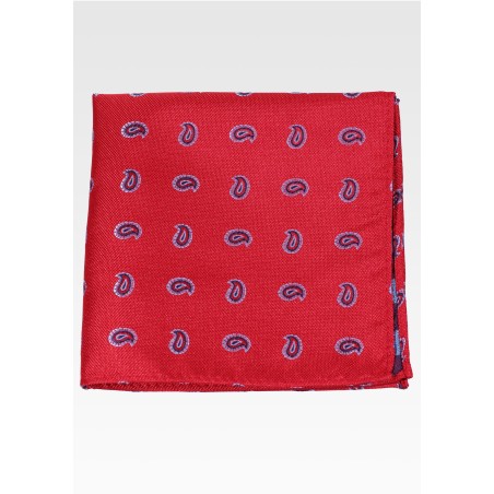 Matte Woven Suit Hanky in Cherry Red with Blue Paisley
