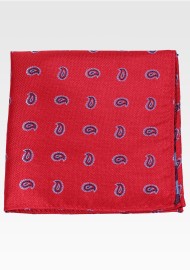 Matte Woven Suit Hanky in Cherry Red with Blue Paisley