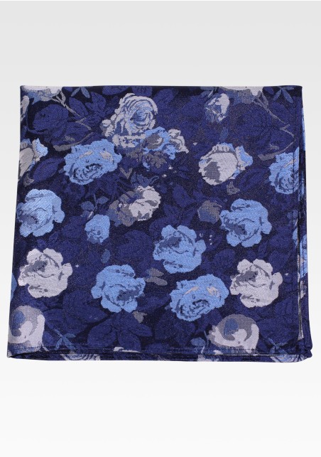 Blue Designer Pocket Square with Large Roses