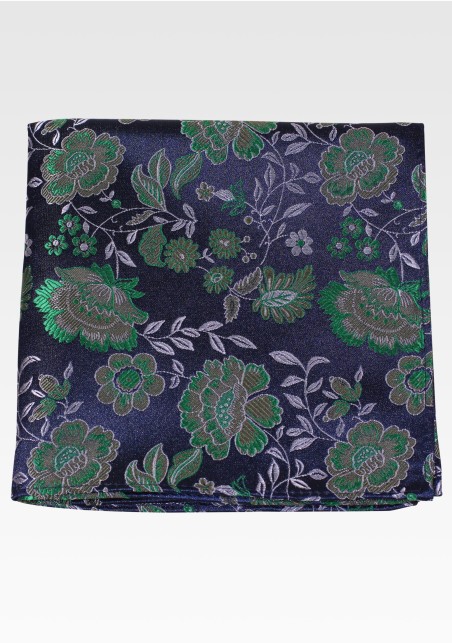 Navy and Kelly Green Floral Pocket Square