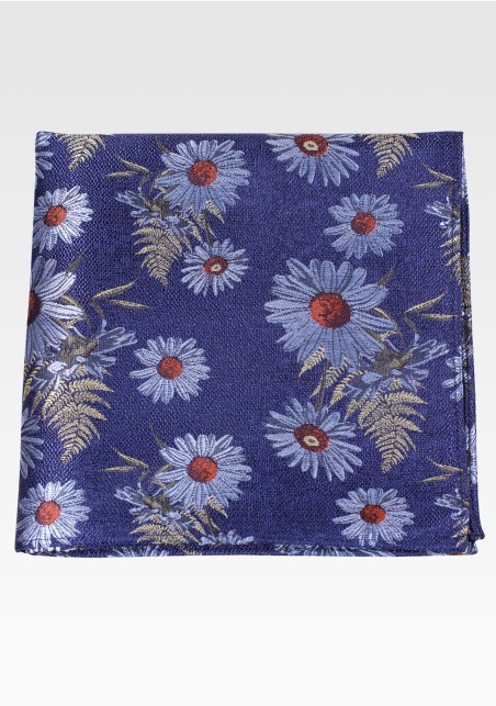 Blue Pocket Square with Large Woven Floral Design