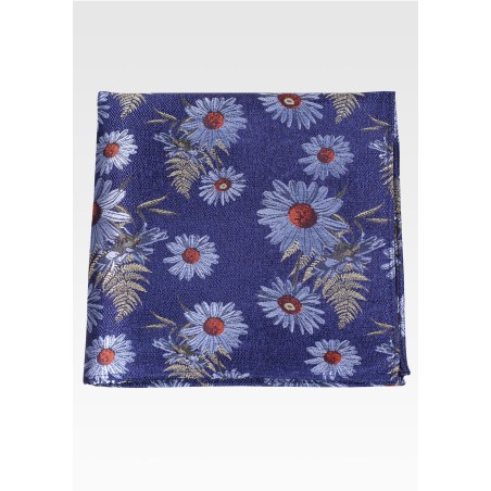 Blue Pocket Square with Large Woven Floral Design