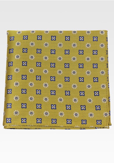 Mustard Yellow Mens Pocket Square with Navy Woven Design Pattern