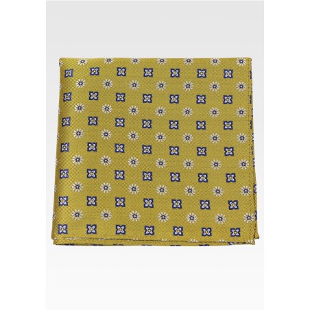 Mustard Yellow Mens Pocket Square with Navy Woven Design Pattern